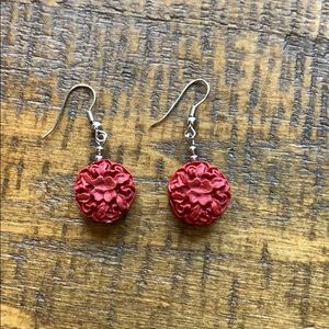 Round Red Floral Hand Carved Earrings